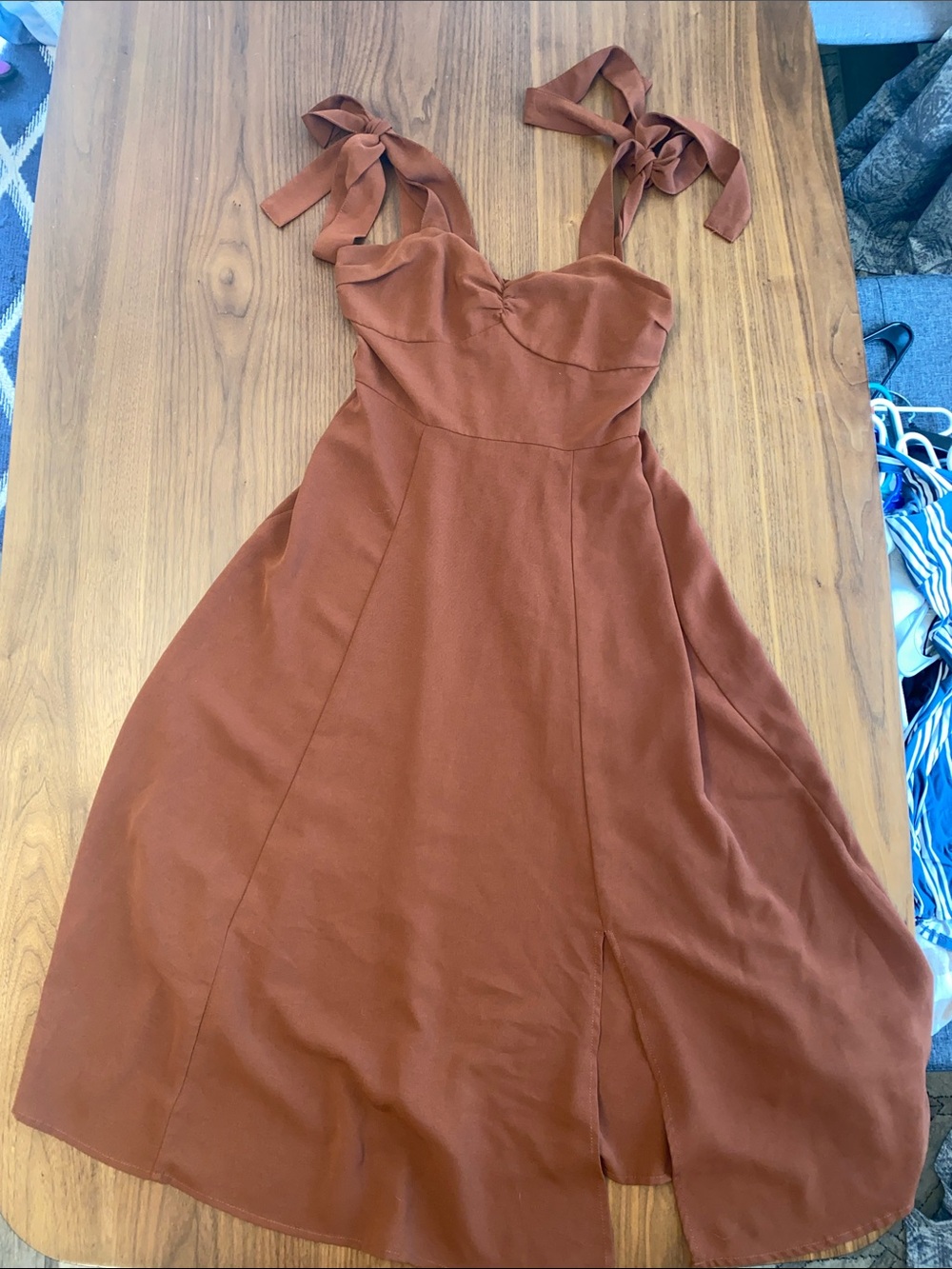 SHEIN Dark Rust/Brown Tie-Shoulder Midi Dress